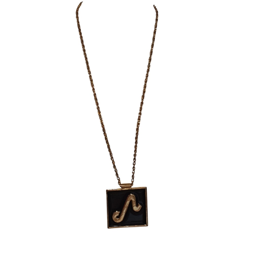 VTG Celebrity Gold Tone Leo Zodiac Sign Square‎ Pendant Necklace Black Enamel